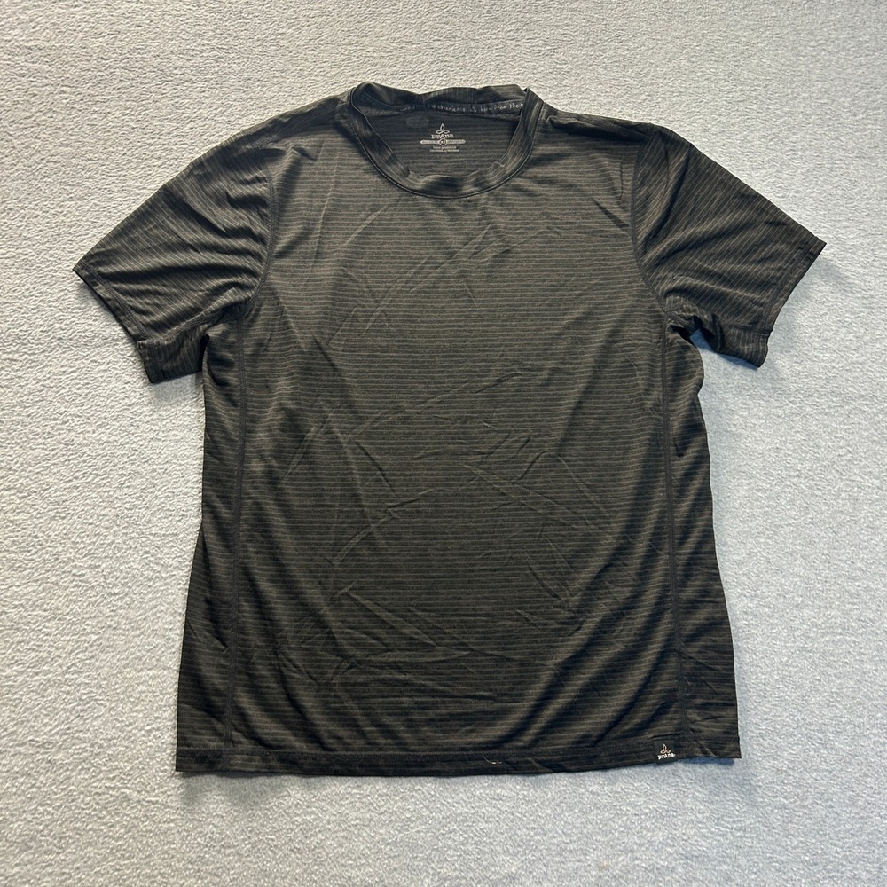 prAna Breathe Athletic Hiking T Shirt Mens XS Gray Striped Performance Crew Neck